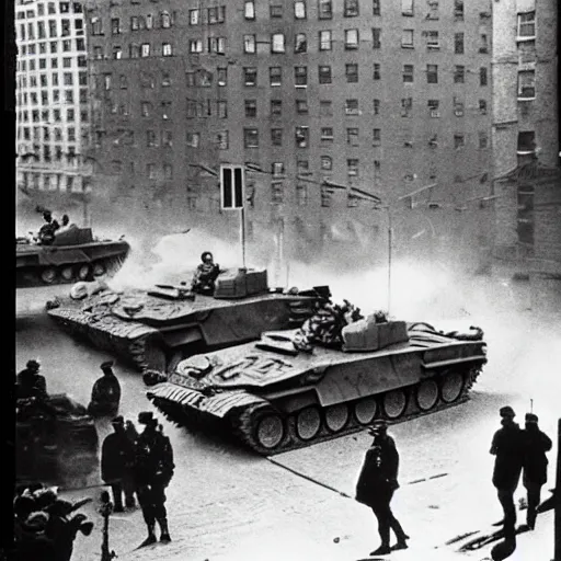 Prompt: Epic shootout between Soviet and American troops on the streets of New York, powerful explosions, super detail of each object,