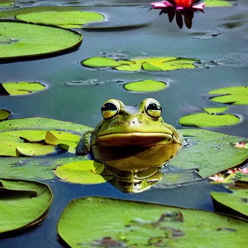 Image similar to close - up of a smiling frog in the pond with water lilies, medieval castle on background, shallow depth of field, highly detailed, ominous, digital art, masterpiece, matte painting, sharp focus, matte painting, by isaac levitan, monet, asher brown durand,