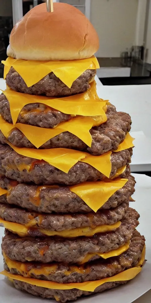 Image similar to a cheeseburger tower made of gigantic stacks of meat patties and cheese slices with a bun on each side, delicious looking burger - stack - tower