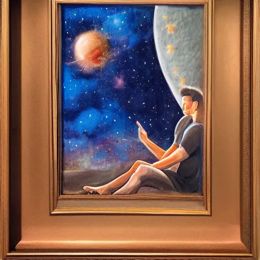 Prompt: painting of a peaceful man relaxing in the cosmos by David Normal, David Normal,