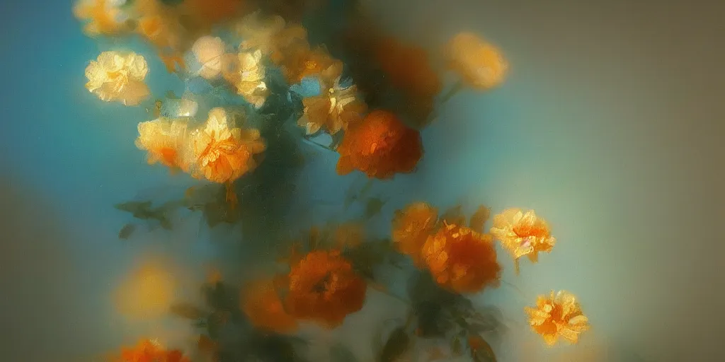 Prompt: a beautiful turquoise flower, the background is blurred, the light comes from behind, in the style of Aivazovsky's paintings, luxury, high quality, realism, golden ratio