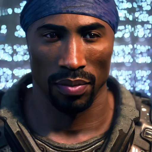 Prompt: Portrait of tupac shakur in Gears of War, splash art, movie still, cinematic lighting, dramatic, octane render, long lens, shallow depth of field, bokeh, anamorphic lens flare, 8k, hyper detailed, 35mm film grain