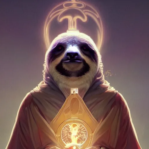 Prompt: godlike sloth, animal sloth, anthropomorphic sloth, deity, holy robes, holy light aura, ultra details, art by artgerm, dwayne barlowe, trending on artstation and greg rutkowski and alphonse mucha, 8 k