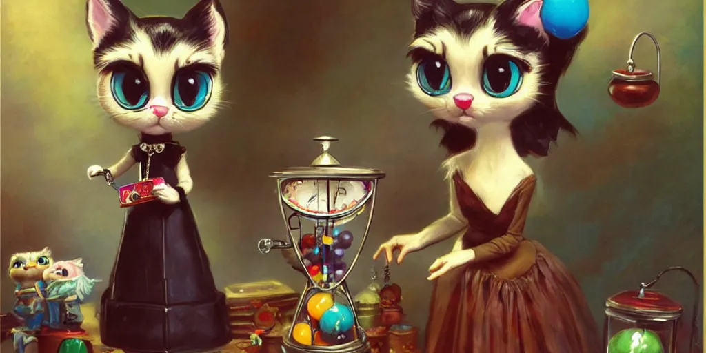 Image similar to 3 d littlest pet shop cat, vintage gothic gown, gumball machine, master painter and art style of noel coypel, art of emile eisman - semenowsky, art of edouard bisson