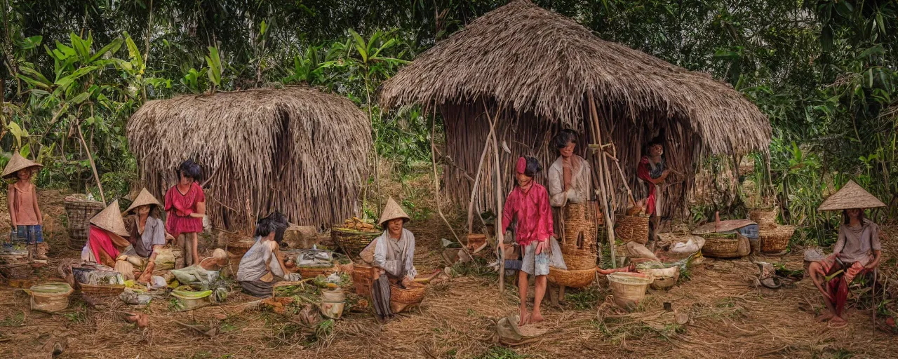 Image similar to rural vietnamese village building hut out of spaghetti, ultra - realistic faces, fine detail, canon 5 0 mm, in the style of ansel adams, wes anderson, kodachrome