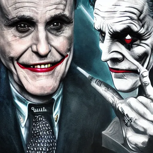 Image similar to Rudy Giuliani as The Joker in Christopher Nolan\'s The Dark Knight, cinematic movie poster, elegant, intricate, headshot, highly detailed, digital painting, artstation, concept art, sharp focus, illustration, art by artgerm and greg rutkowski and alphonse mucha