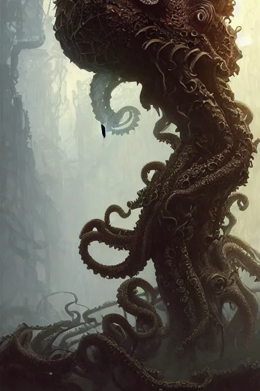Image similar to epic hyperdetailed portrait of 🐙🕷 lurking in the shadows. cthulhu. highly detailed portrait, rococo, digital painting, artstation, concept art, intricate, elegant. art by craig mullins and artgerm and greg rutkowski and alphonse mucha, masterpiece. misty cityscape