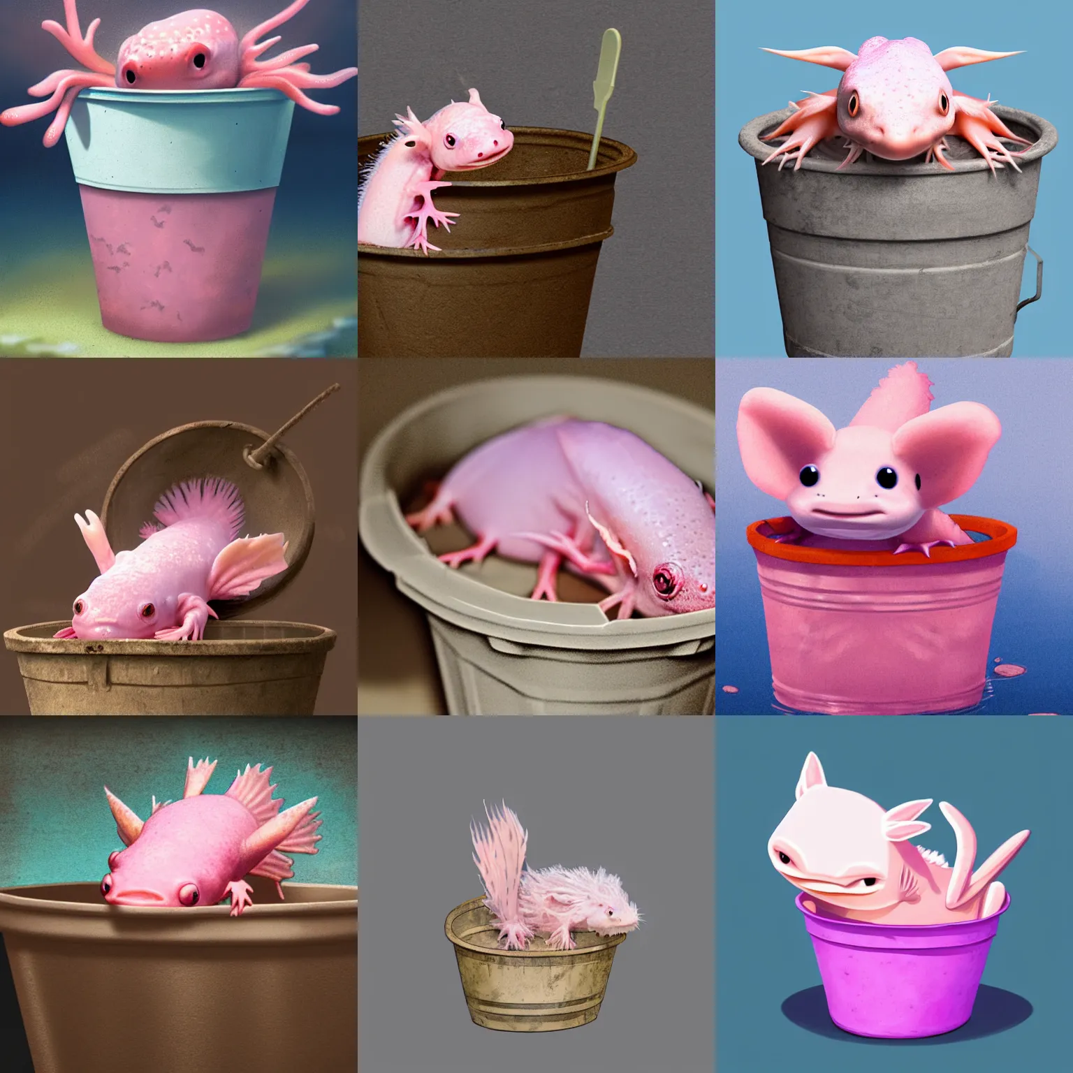 Prompt: matte painting of a cute pink axolotl sitting in a bucket