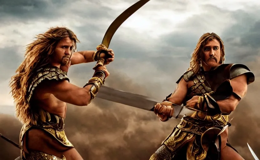 Image similar to cinematic still of a warrior with brown hair wielding a golden hilted sword in the style of 300 movie,