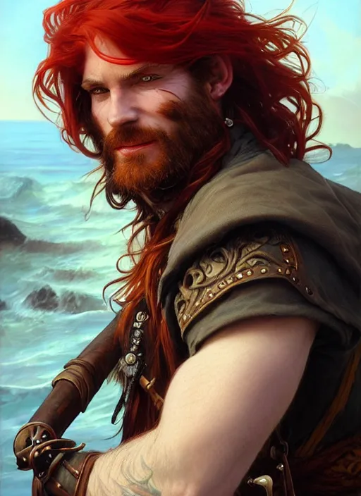 Prompt: portrait of a young ruggedly handsome but joyful pirate, male, masculine, upper body, red hair, long hair, d & d, fantasy, piercing eyes, intricate, elegant, highly detailed, digital painting, artstation, concept art, matte, sharp focus, illustration, art by artgerm and greg rutkowski and alphonse mucha