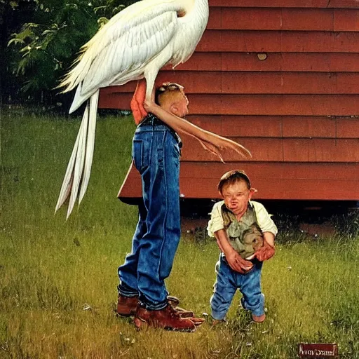 Image similar to a stork is carrying a human baby with a bag in its mouth. a man is chasing the stork away with a shotgun. they're in a trailer park. norman rockwell painting. highly detailed, high quality, 8 k, soft lighting, realistic face, path traced