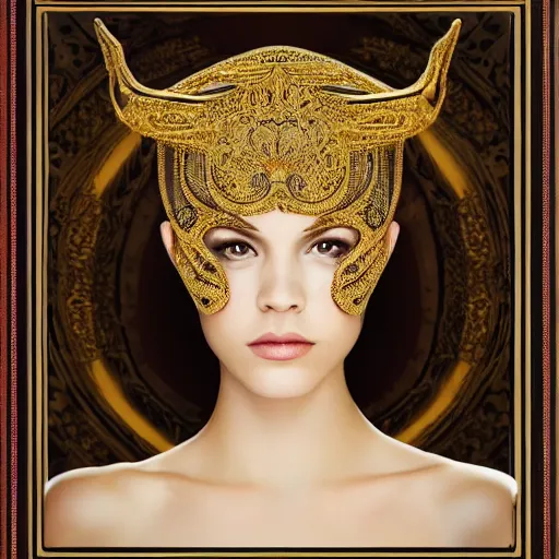 Image similar to A portrait of an attractive young female wearing an ornate metallic helmet, beautiful bone structure,symmetrical facial features,elegant,highly detailed,illustration