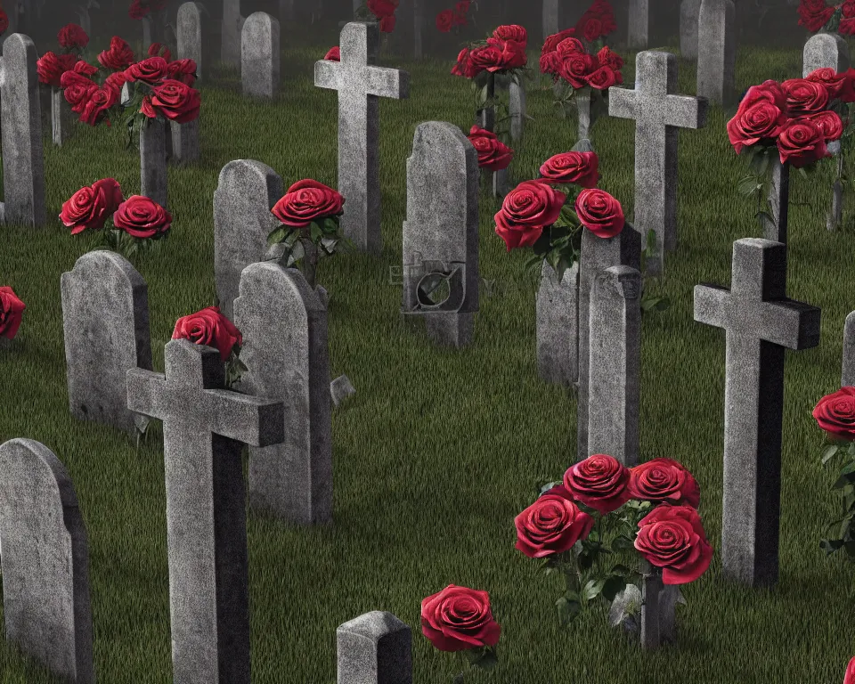 Prompt: roses around the cross, grave yard at night, black feathers, dark soul cg, ue 5 rendering