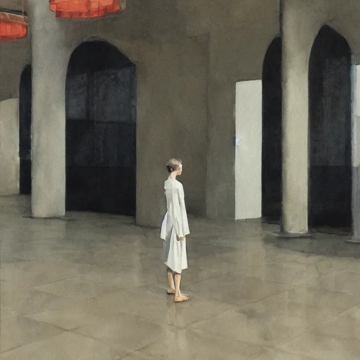 Prompt: woman in black robes, short skirt, in magnificent shopping mall, artstation, watercolor painting, art by edward hopper, zdislav beksinski, wayne barlowe, edward hopper