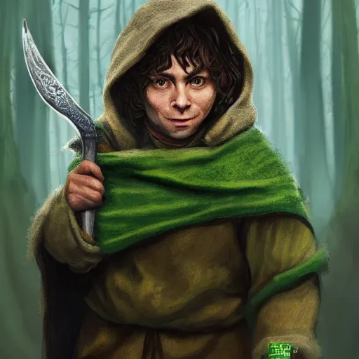 Image similar to a portrait of a hobbit rogue wearing a dark green hood and a cloak in the forest, wearing adventure gear, holding a sword, ultra realistic, detailed, masterpiece, short brown hair, clean shaven, by Tony Sart and Randy Vargas, trending on ArtStation