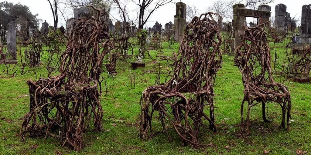 Prompt: an cursed chair made out of roots and vines in a gloomy grave yard