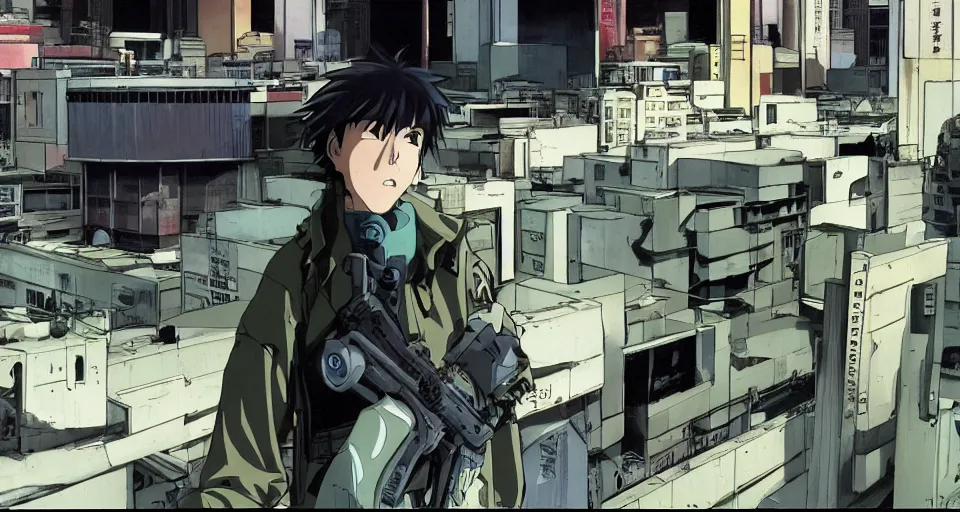 Prompt: Scene within the location called 'Public security section 9'. Cyber anti-crime background environment. Screenshot from an episode of the anime 'Ghost in the shell: Stand Alone Complex' (2003). Produced by 'Production I.G'. Original manga by Masamune Shirow. Art direction by Kazuki Higashiji and Yuusuke Takeda.