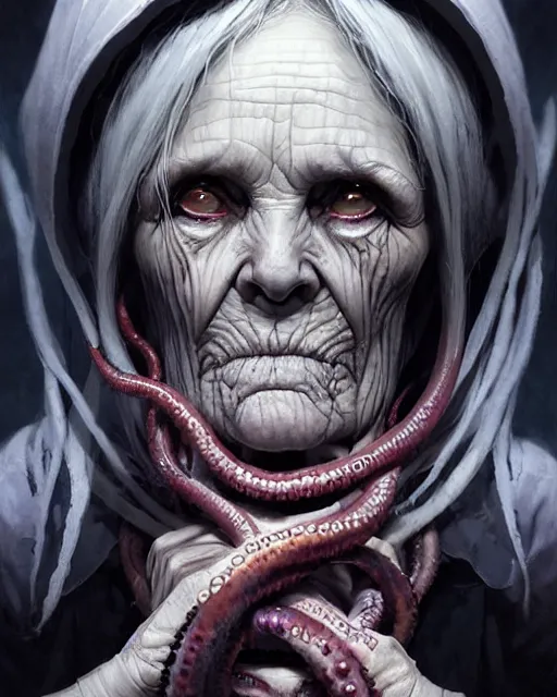 Prompt: a female necromancer old woman | | elderly - face, wrinkled face, realistic shaded perfect face, fine details. anime. tentacles, eldritch abomination, dunwitch horror, realistic shaded lighting poster by greg rutkowski, magali villeneuve, artgerm, jeremy lipkin and michael garmash and rob rey