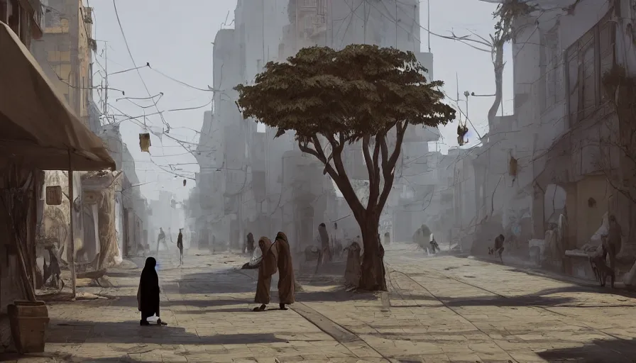 Image similar to old jeddah city street, roshan, shops, pharmacy, a nomad wearing a worn out coat, plants, tree, night, by caspar david friedrich by james gilleard and justin gerard, artstation, smooth, sharp focus, by jean baptiste, octane render