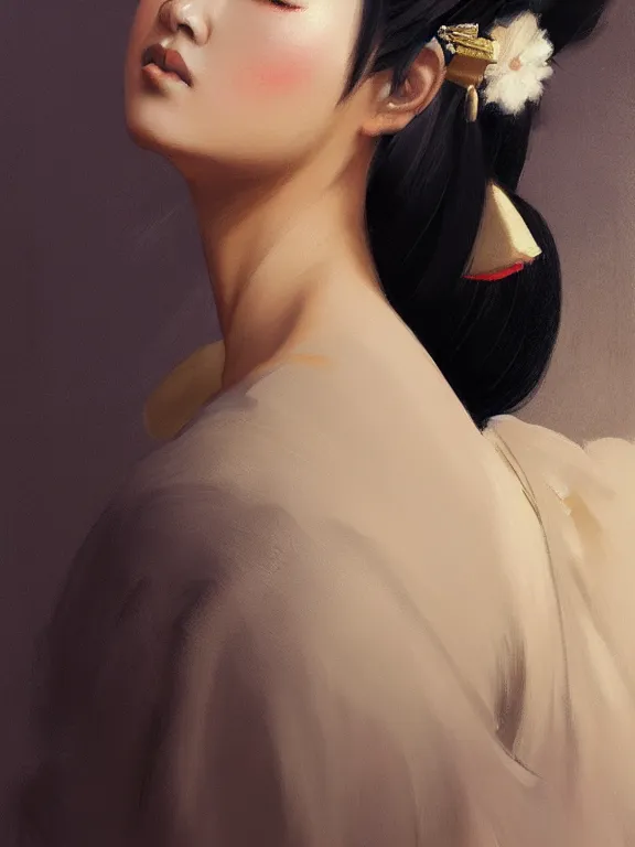 Image similar to an ultradetailed beautiful portrait painting of a geisha dancer, side view, oil painting, high resolution, by ilya kuvshinov, greg rutkowski and makoto shinkai