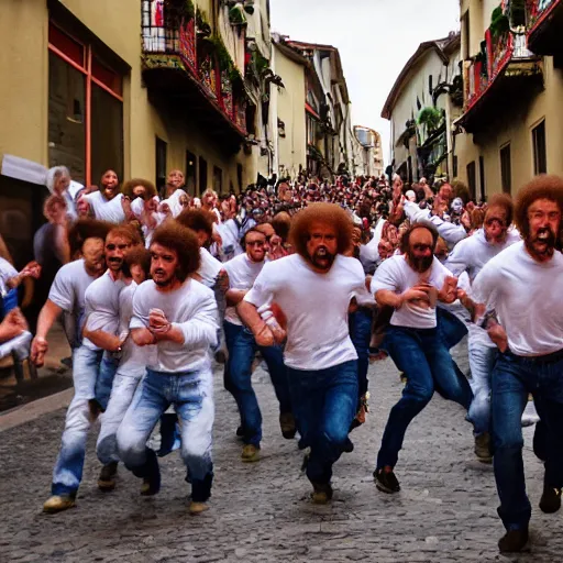 Image similar to the running of the screaming bob ross in pamplona spain