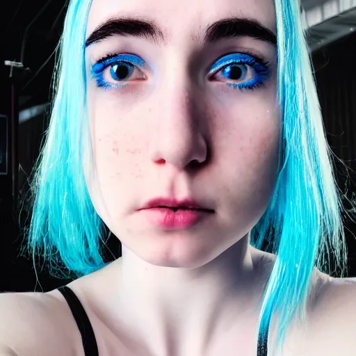Prompt: a pale girl with blue hair, soft facial features, looking directly at the camera, neutral expression, extreme close up, instagram picture
