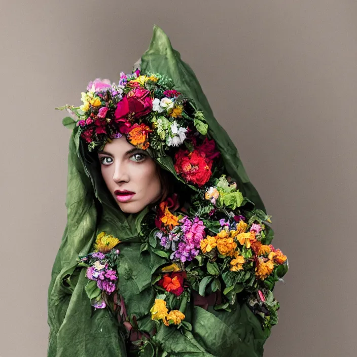 Prompt: a beauty alien wearing a cloak made of flowers, by Omar Z. Robles, CANON Eos C300, ƒ1.8, 35mm, 8K, medium-format print