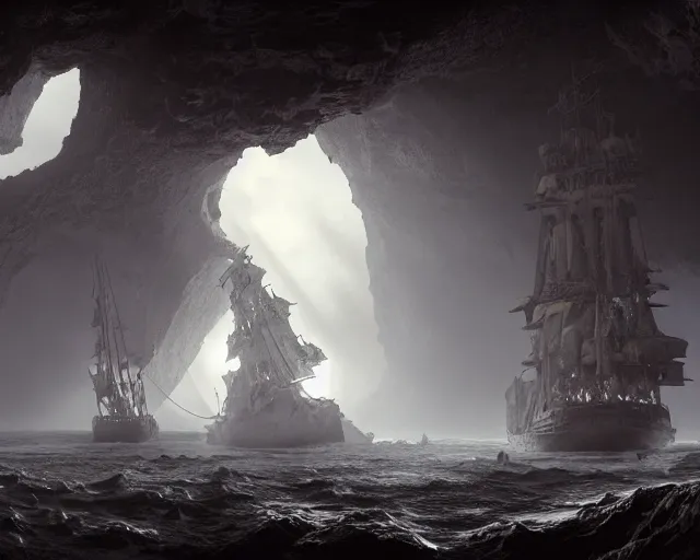 Image similar to A singular big galleon ship, three masts, front and center, in a cave. Underexposed, dark, centered. Atmospheric matte painting by Darek Zabrocki and Emmanuel Shiu, 4k ultra detailed