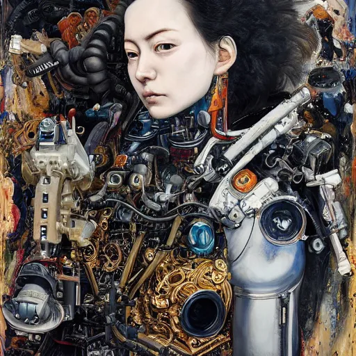 Image similar to 8 k uhd, detailed portrait, high dynamic range, by katsuhiro otomo : ( background = varnished oil paint on black background with pastel paint splashes in background ) + ( subject = queen baroque expressionist cyborg machine goddess + subject detail = very detailed ) painted on a car