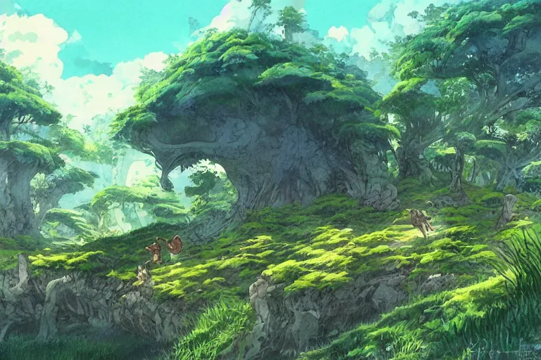 Image similar to land overtaken by nature, nausicaa, painting, giant fantasy animals, watercolor, concept art, studio ghibli, by hayao miyazaki