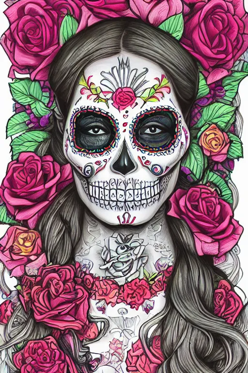 Image similar to Illustration of a sugar skull day of the dead girl, art by James Jean