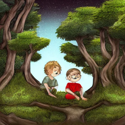 Prompt: a small small boy peeking behind a tree in a forest. The boy is watching two other boys with dreadlocks hair who are hiking, digital art, extra-detailed