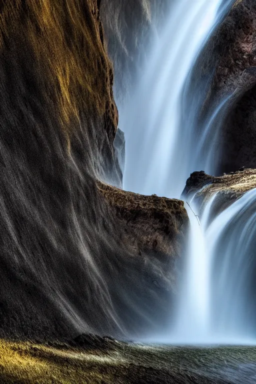 Image similar to An award winning professional photograph of a cliff face with a waterfall, long exposure shot, stunning composition.