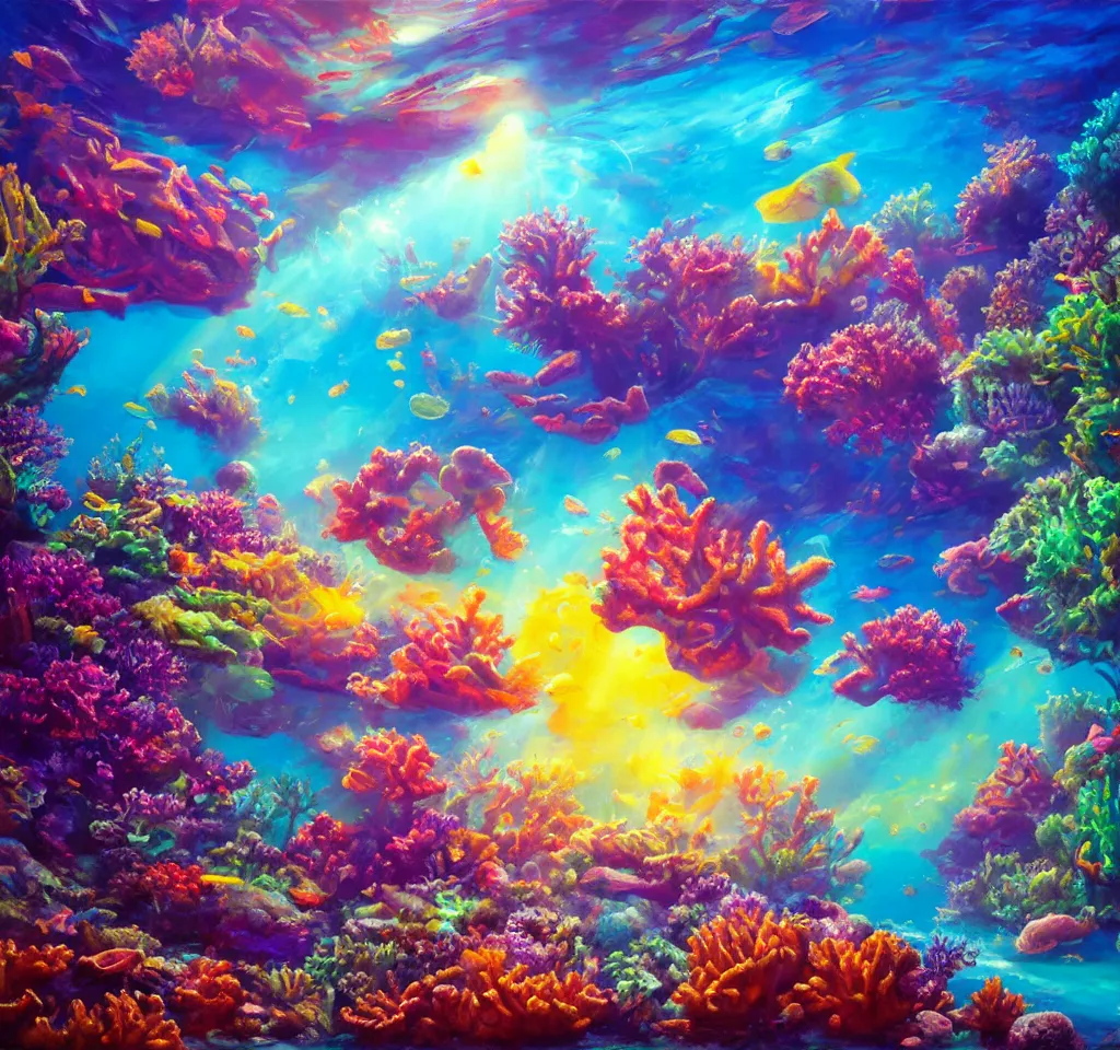 Image similar to underwater neon coral reef landscape magical realism painting with sun rays coming from above, neon pastel colors