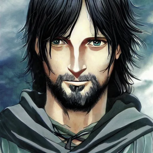 Prompt: aragorn in an anime world, incredibly detailed