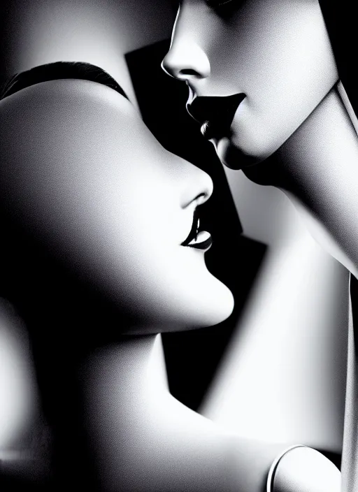 Image similar to surreal mythical dreamy dark artistic black and white fine art fashion portrait photo of a young beautiful delicate female metropolis robot kissing her mirror reflection, spiritual, halo, glory, rim light, cinematic, studio dramatic light, poetic, masterpiece, octane render, 8 k, photo - realistic by dora maar man ray