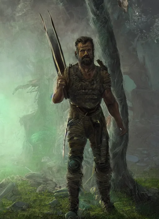 Image similar to A fantasy comic book style portrait painting of Mel Gibson as a survivalist warrior in a a post apocalyptic landscape in green mist, unreal 5, DAZ, hyperrealistic, octane render, RPG portrait, ambient light, dynamic lighting