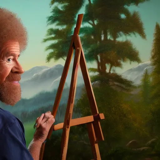 Image similar to a closeup photorealistic photograph of bob ross working on a canvas painting of elmo. film still. brightly lit scene. mountains and trees. this 4 k hd image is trending on artstation, featured on behance, well - rendered, extra crisp, features intricate detail, epic composition and the style of unreal engine.