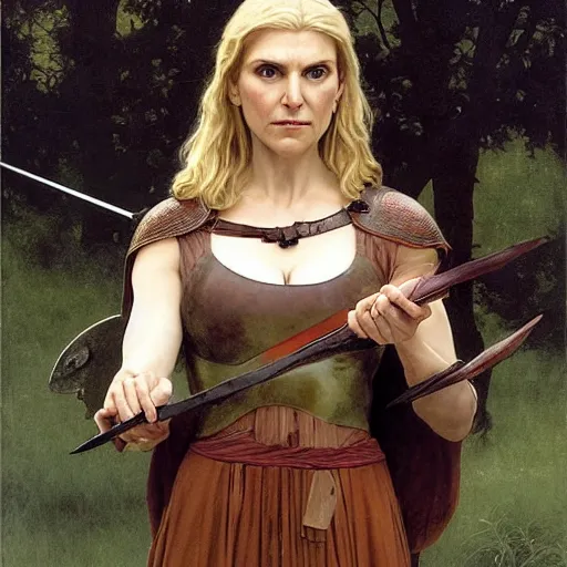 Prompt: rhea seehorn as kim wexler in fantasy medieval costume by Michael Whelan, William Adolphe Bouguereau, John Williams Waterhouse