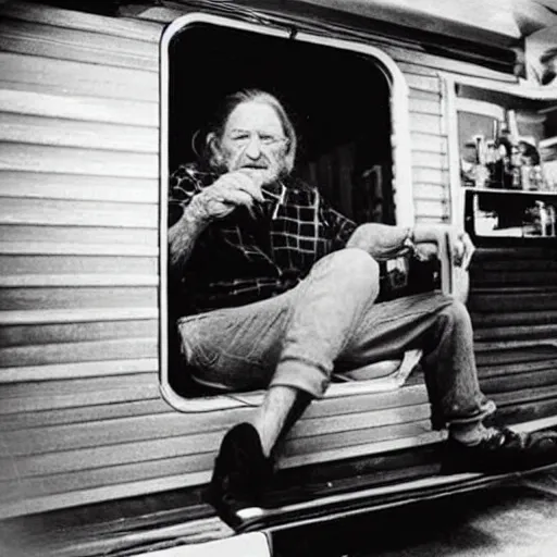 Image similar to willie nelson having a smoke in his trailer.