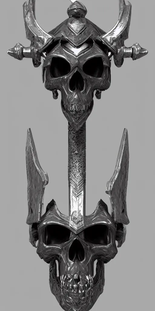 Prompt: a black and silver stylized sword skull crest, ornament, weapon, a 3 d render by dom qwek, front side, concept art, trending on polycount, artstation, hard surface modeling, rendered in maya, zbrush, hd, blizzard, symmetry