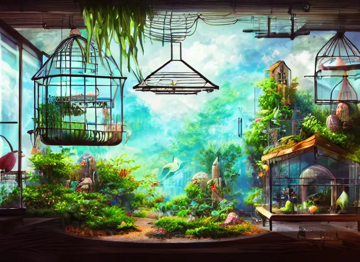 Image similar to wide angle two - point - perspective panoramic anime background clean neat clarity professional visual development set design, tiny cozy store with hanging bird cages and bright fish aquariums, sparse planted terrariums, dim painterly lighting volumetric aquatics, impasto, trending on pixiv