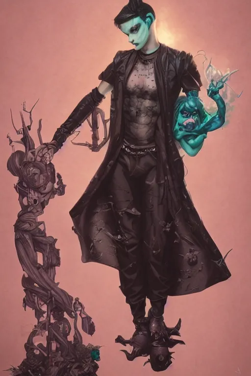 Image similar to goth guy, cluttered 9 0 s bedroom, by artgerm, james jean, tom bagshaw, gerald brom, vaporwave colors, lofi colors, vaporwave, lofi, goth vibe, 4 k, smooth, hd, substance designer render, full body character concept art, symmetrical,