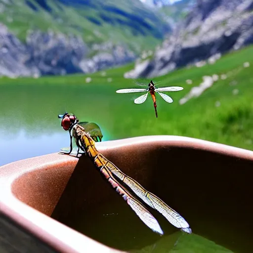 Image similar to dragonfly in a bathtub in the alps, goats!!!!!!!! in background