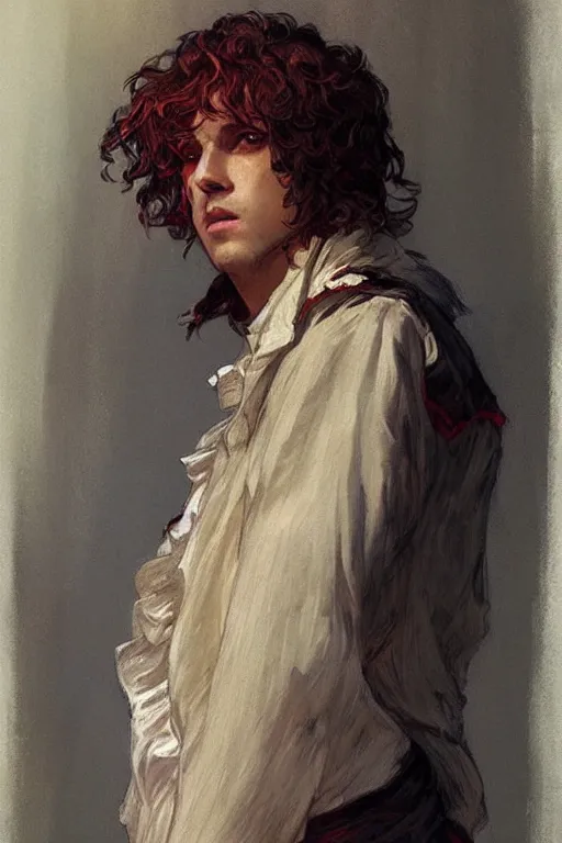 Prompt: portrait of enjolras from les miserables, ray of light, highly detailed, shimmering and prismatic, rococo, by krenz cushart and mucha and monet, trending on artstation.