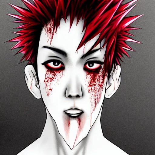 Image similar to Asian goth, male, black lipstick, pale skin, detailed spiky red hair, detailed, wearing bloody bandages, leather clothing, 4K, drawn by Ai Yazawa