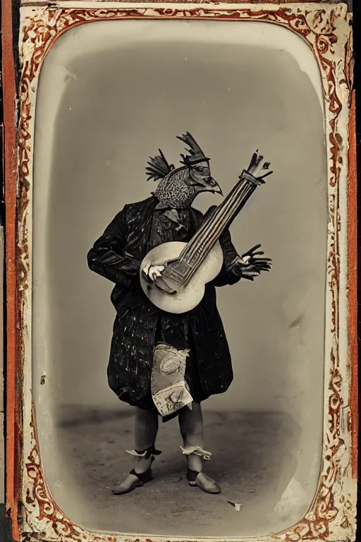 Image similar to a wet plate photo of an anthropomorphic rooster minstrel with a lute