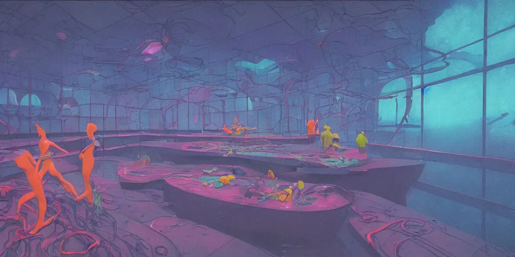 Image similar to 90s underwater lab with organic windows, figures, bright fluorescent lights, neon colors, cinematic, cyberpunk, smooth, chrome, lofi, nebula, calming, dramatic, fantasy, by Moebius, by zdzisław beksiński, fantasy LUT, studio ghibli, high contrast, epic composition, sci-fi, dreamlike, surreal, angelic, 8k, unreal engine, hyper realistic, fantasy concept art, XF IQ4, 150MP, 50mm, F1.4, ISO 200, 1/160s, natural light, Adobe Lightroom, photolab, Affinity Photo, PhotoDirector 365,