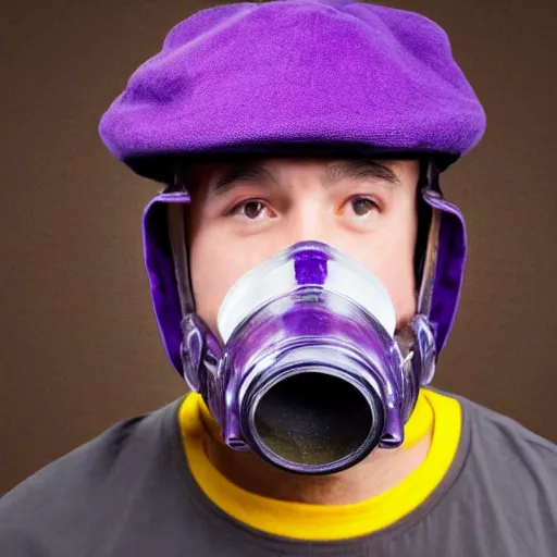 Prompt: a man wearing a purple plumber's attire, a purple cap, and a soviet gasmask, movie still, professional portrait photography, 8 k