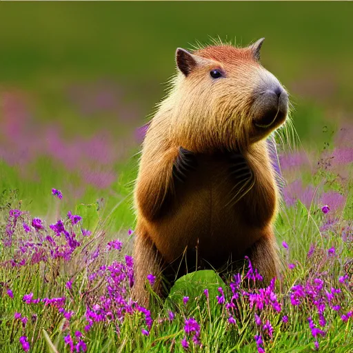 Image similar to “photorealistic capybara performing tai chi, hd, centered, sharp focus, octane render, trending on art station, wildflower field background, highly detailed, high quality”
